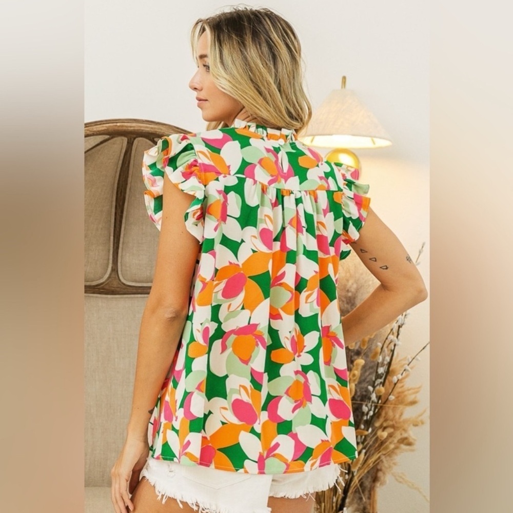 Like New BiBi Vibrant Floral Smocked Ruffle Blouse - Picture 2 of 5